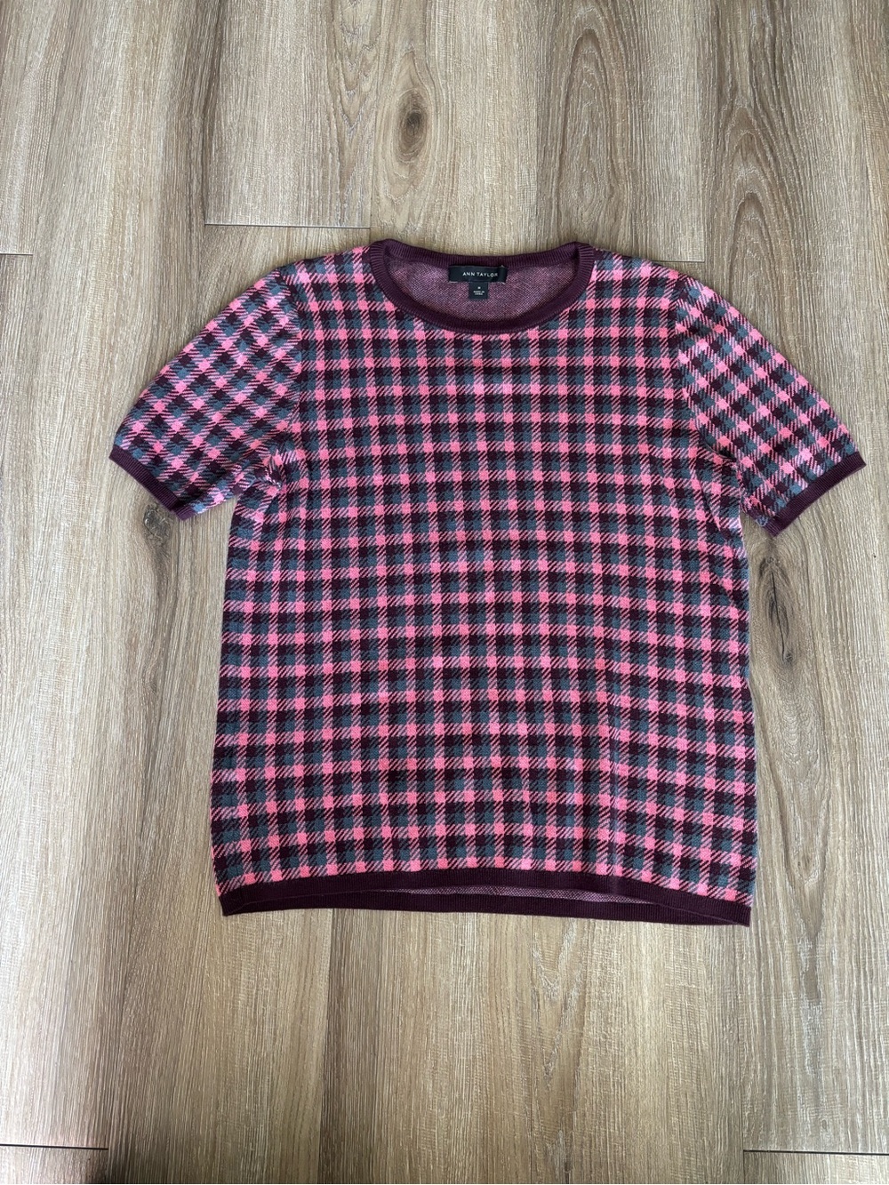 Ann Taylor Pink and Burgundy Checked Crewneck Sweater